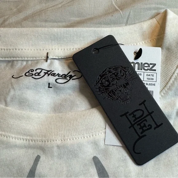 ED HARDY Love Kills Slowly Skull Womens Cap Sleeve Tee Large Ivory NWT - Picture 7 of 10